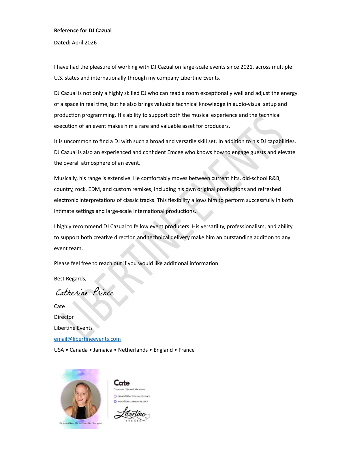 Signed Libertine Events reference for DJ caZual